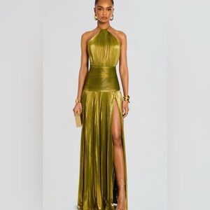 Retrofete Gold Pleated Halter Maxi Dress